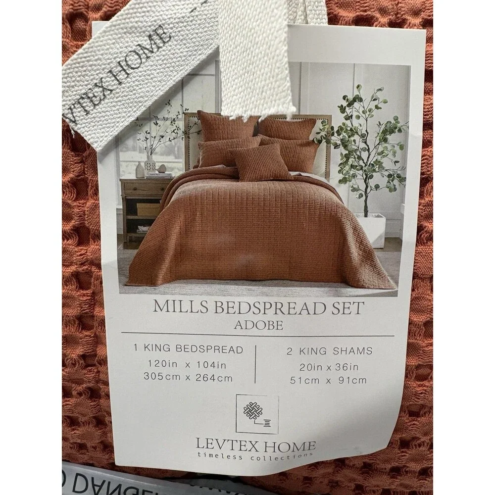 KING 3 Piece Levtex Home Mills Waffle Adobe Bedspread Set